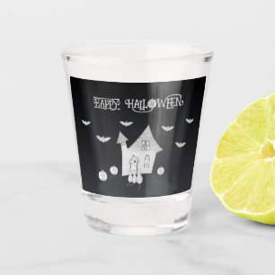 Halloween night with Haunted House, Bats, Pumpkins Shot Glass