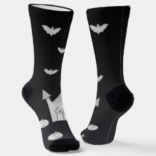 Halloween night with Haunted House, Bats, Pumpkins Socks