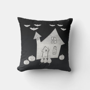 Halloween night with Haunted House, Bats, Pumpkins Throw Pillow