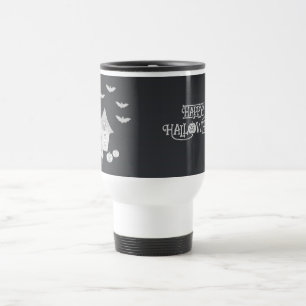 Halloween night with Haunted House, Bats, Pumpkins Travel Mug
