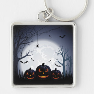 Halloween Night with Pumpkin & flying Bats Keychain