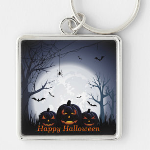 Halloween Night with Pumpkin, Spider & flying Bats Keychain