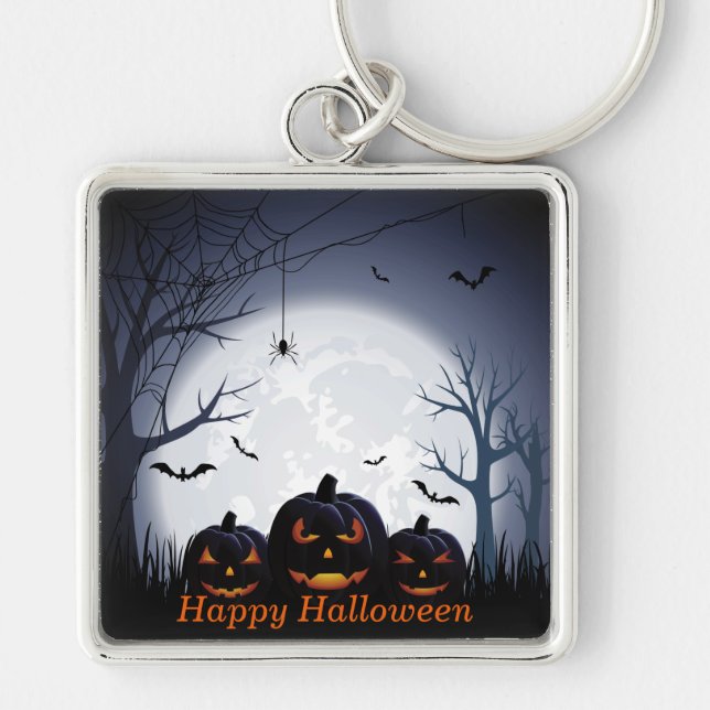 Halloween Night with Pumpkin, Spider & flying Bats Keychain (Front)