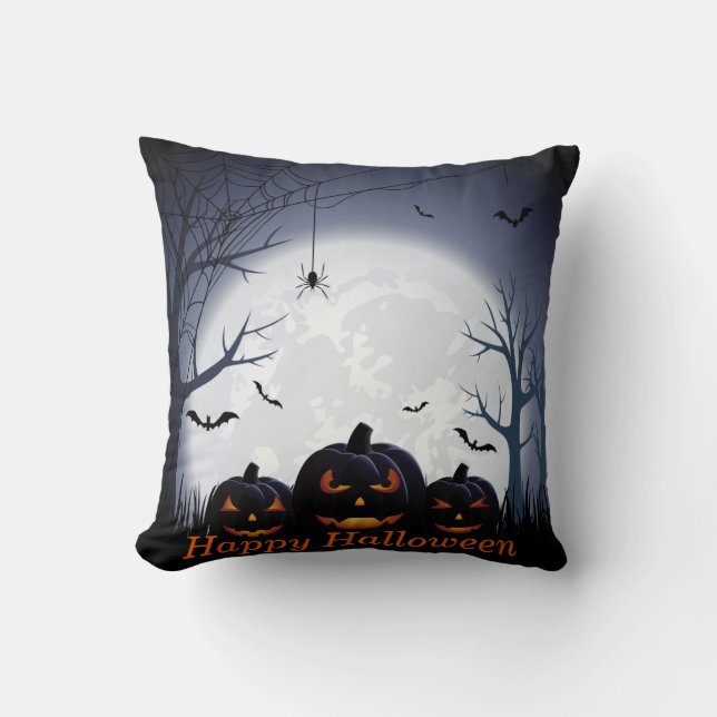 Halloween Night with Pumpkin, Spider & flying Bats Throw Pillow (Front)