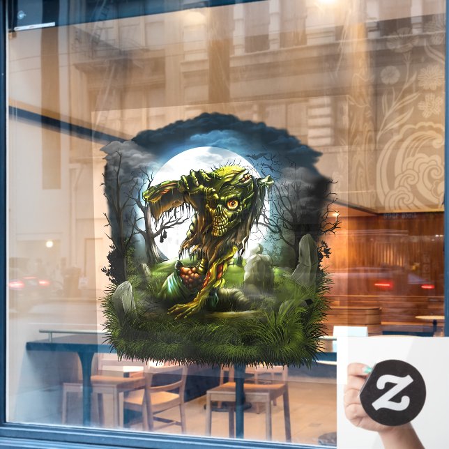 Halloween Night Zombie Rising Full Moon Graveyard Window Cling (Cafe Window)
