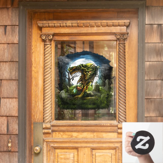 Halloween Night Zombie Rising Full Moon Graveyard Window Cling (Home Door)