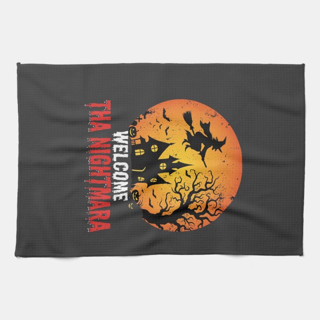 Halloween Nightmare Witch Haunted House Design Kitchen Towel (Horizontal)