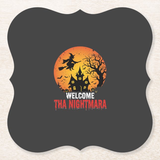 Halloween Nightmare Witch Haunted House Design Paper Coaster (Front)