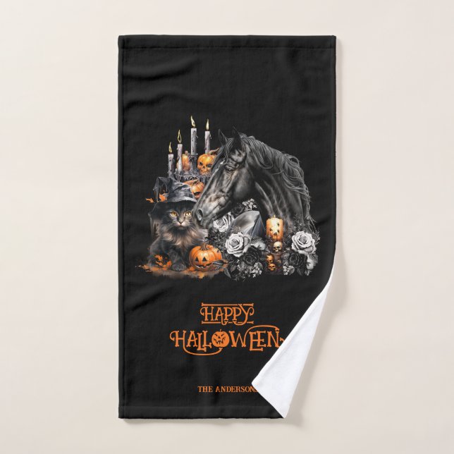 Halloween noir Cheval noir Chat éffrayant (Serviette à main)