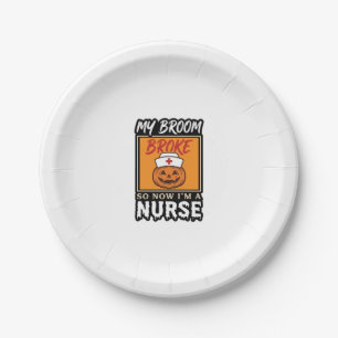Halloween Nurse Pumpkin Broom Broke Vintage Shirt Paper Plate