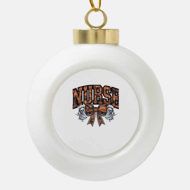 Halloween Nurse Scary Coquette Bow Classic T-Shirt Ceramic Ball Christmas Ornament (Front)