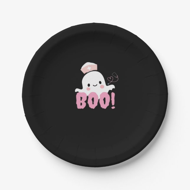 Halloween Nurse Shirts Women Boo! T-Shirt Ghost Nu Paper Plate (Front)