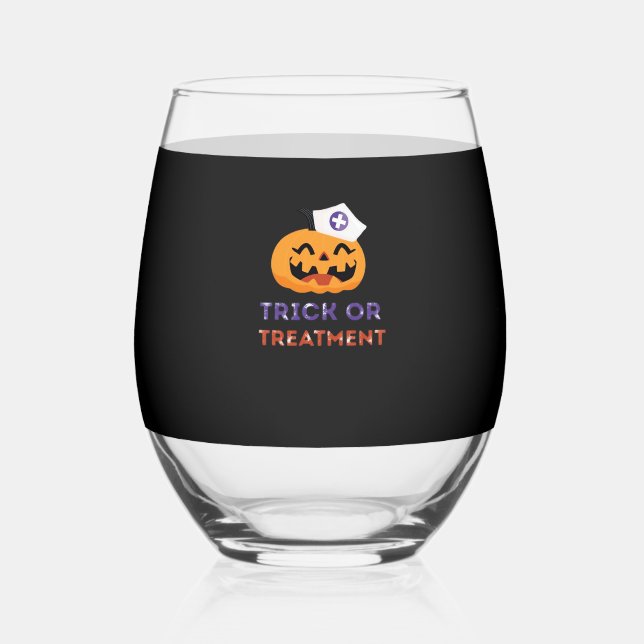 Halloween Nurse Trick or Treatment Classic T-Shirt Stemless Wine Glass (Front)