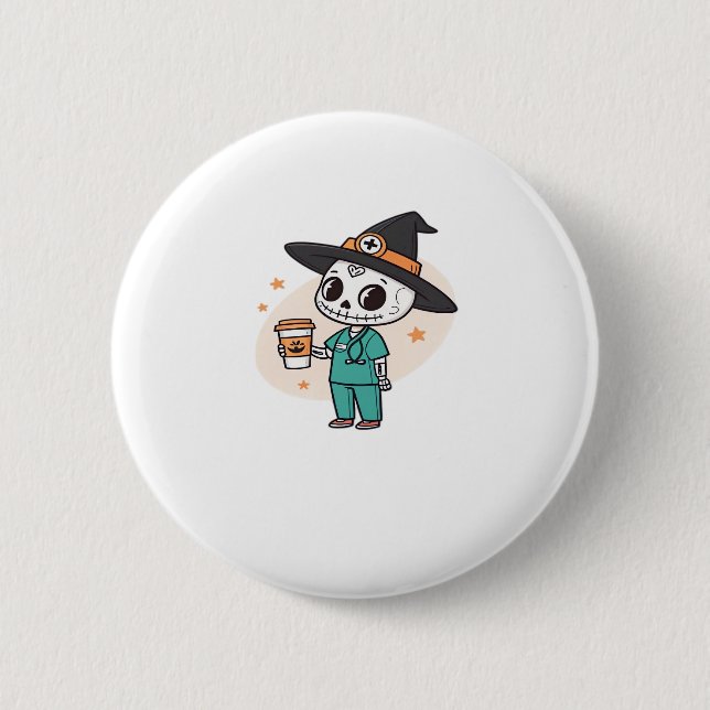 Halloween Nurse with Coffee Wearing Witches Hat Cl 2 Inch Round Button (Front)