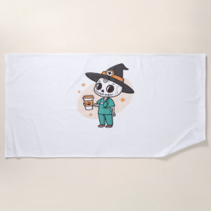 Halloween Nurse with Coffee Wearing Witches Hat Cl Beach Towel