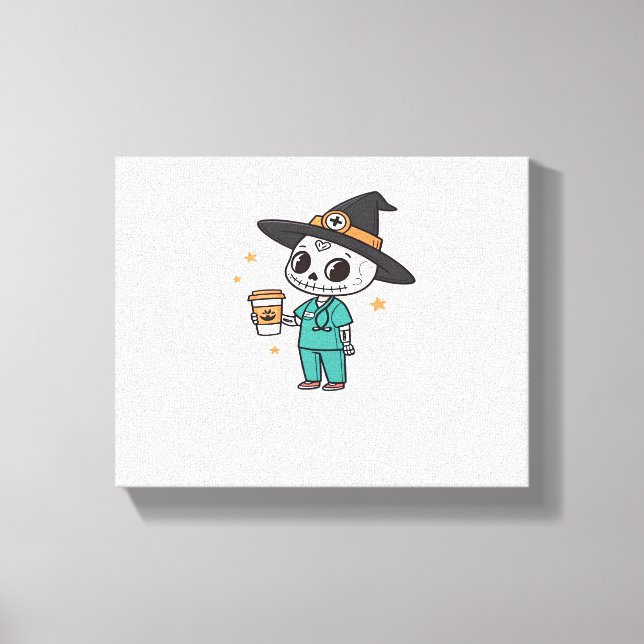 Halloween Nurse with Coffee Wearing Witches Hat Cl Canvas Print (Front)