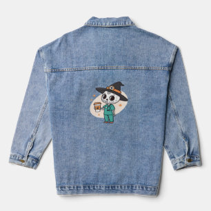Halloween Nurse with Coffee Wearing Witches Hat Cl Denim Jacket