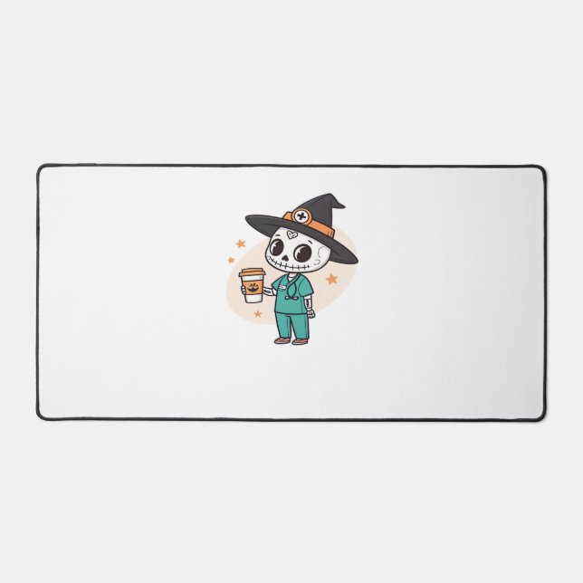 Halloween Nurse with Coffee Wearing Witches Hat Cl Desk Mat (Front)