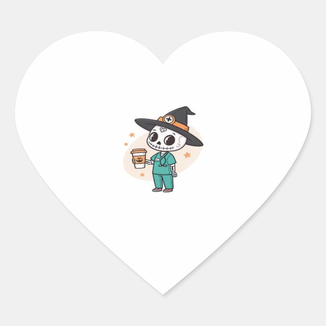 Halloween Nurse with Coffee Wearing Witches Hat Cl Heart Sticker (Front)