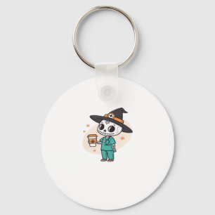 Halloween Nurse with Coffee Wearing Witches Hat Cl Keychain