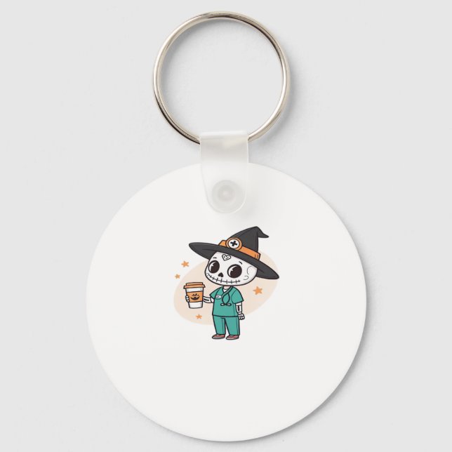 Halloween Nurse with Coffee Wearing Witches Hat Cl Keychain (Front)
