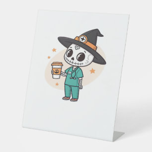 Halloween Nurse with Coffee Wearing Witches Hat Cl Pedestal Sign