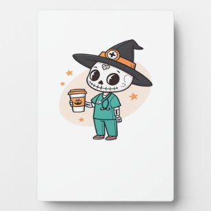 Halloween Nurse with Coffee Wearing Witches Hat Cl Plaque