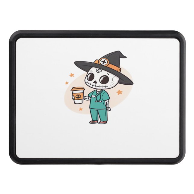 Halloween Nurse with Coffee Wearing Witches Hat Cl Trailer Hitch Cover (Front)