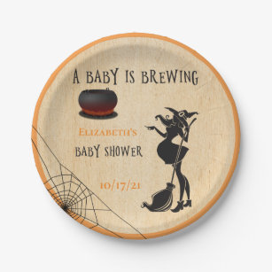 Halloween October Witch Baby is Brewing Shower Paper Plate
