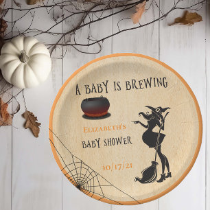 Halloween October Witch Baby is Brewing Shower Paper Plate