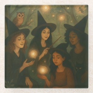 Halloween Oil Painting of Witches in the Woods Glass Coaster