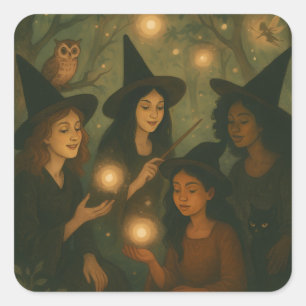 Halloween Oil Painting of Witches in the Woods Square Sticker