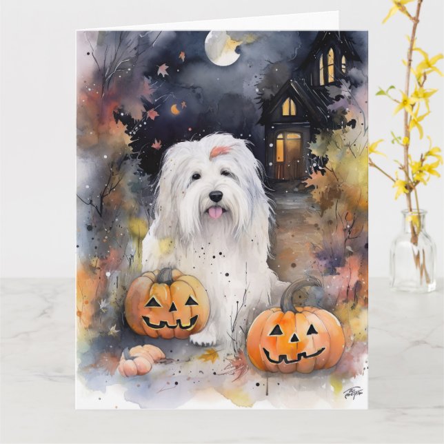 Halloween Old English Sheepdog With Pumpkins Scary Card (Yellow Flower)