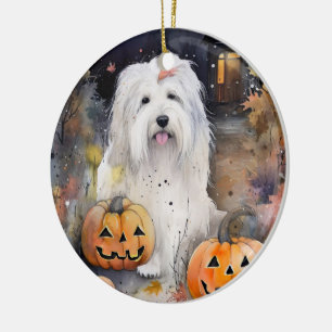 Halloween Old English Sheepdog With Pumpkins Scary Ceramic Ornament