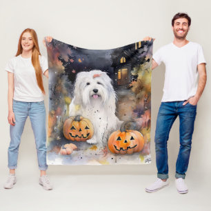Halloween Old English Sheepdog With Pumpkins Scary Fleece Blanket
