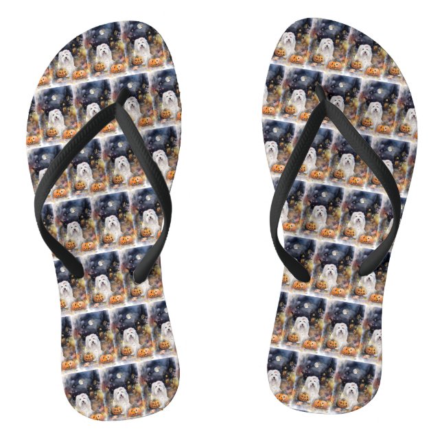 Halloween Old English Sheepdog With Pumpkins Scary Flip Flops (Footbed)