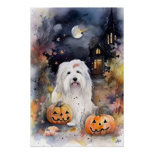 Halloween Old English Sheepdog With Pumpkins Scary Poster