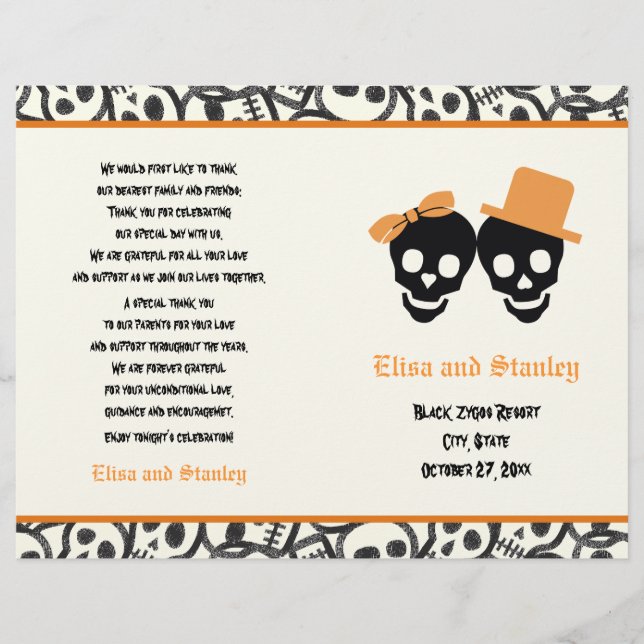 Halloween orange and black skull wedding program (Front)