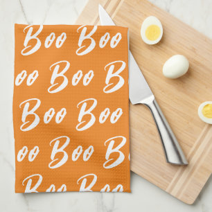 Halloween Orange and White boo text pattern Kitchen Towel