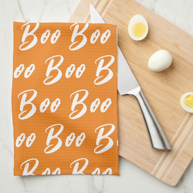 Halloween Orange and White boo text pattern Kitchen Towel (Quarter Fold)