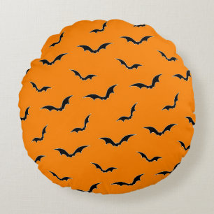 Halloween Orange & Black Bats Flying Pattern Round Pillow