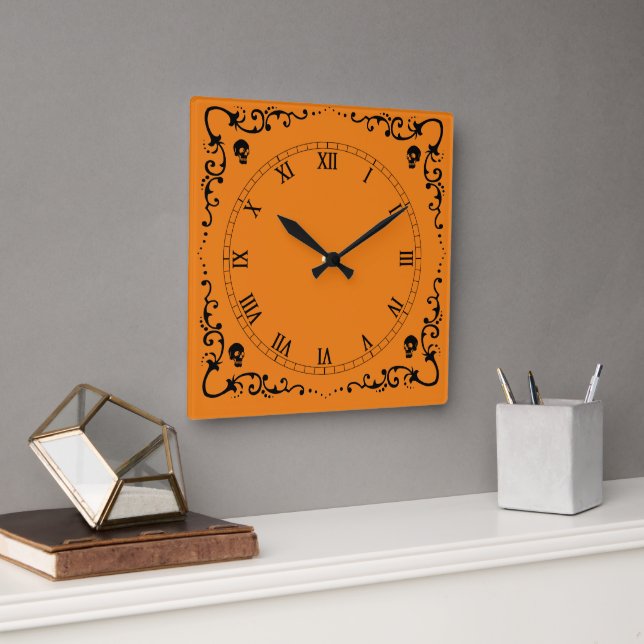 Halloween Orange & Black Magic Border  Square Wall Clock (Office)