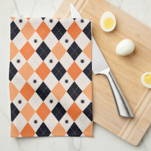 Halloween Orange & Black Spider Argyle Pattern Kitchen Towel