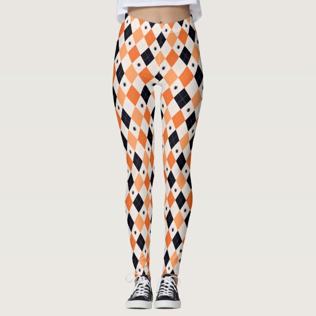 Halloween Orange & Black Spider Argyle Pattern Leggings (Front)