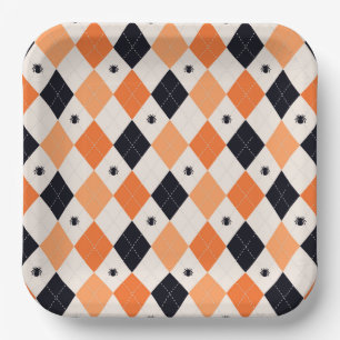 Halloween Orange & Black Spider Argyle Pattern Paper Plate
