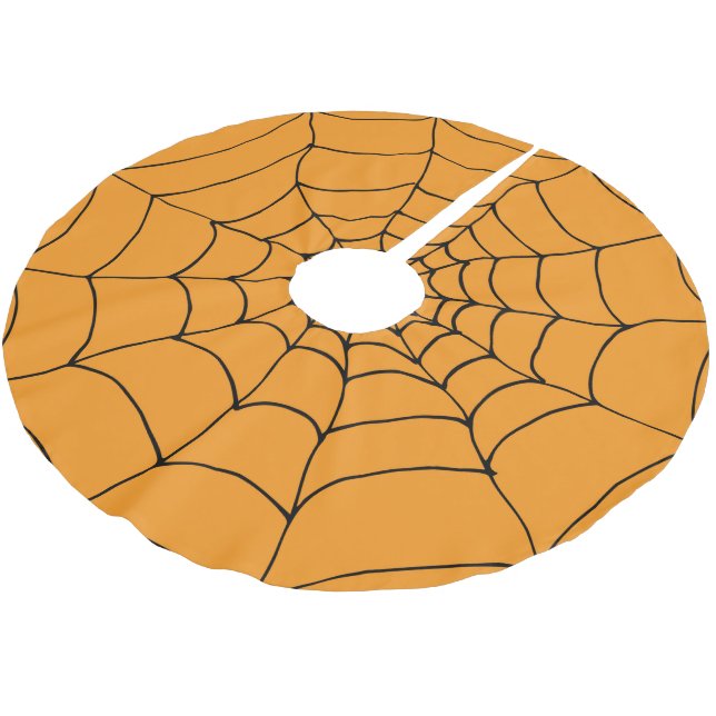 Halloween Orange Black Spiders Web Cobwebs Brushed Polyester Tree Skirt (Angled)