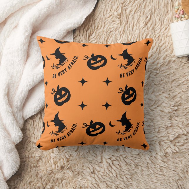 Halloween Orange Black Spooky Pumpkin Witch Throw Pillow (Blanket)