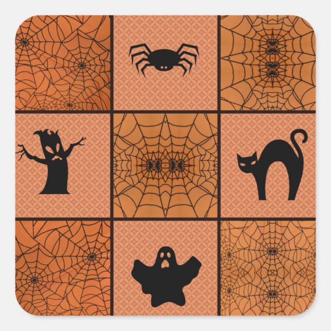 Halloween Orange Black Spooky Spider Web Collage Square Sticker (Front)