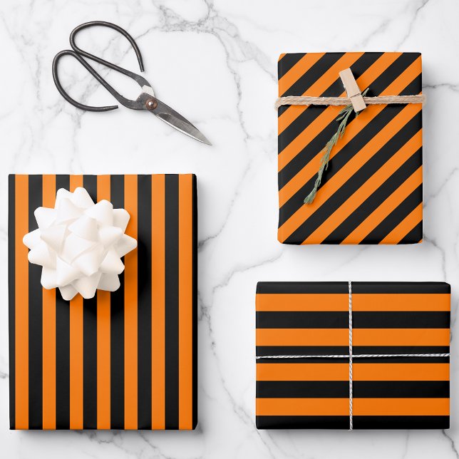 Halloween Orange Black Stripes Pattern Custom Text Wrapping Paper Sheet (Halloween Orange Black Stripes Pattern Custom Text Wrapping Paper Sheets)