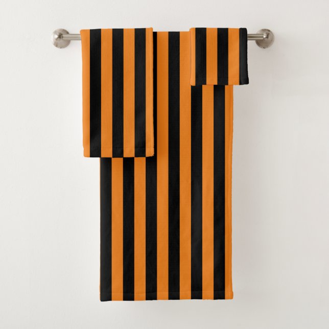 Halloween Orange Black Vertical Stripe Bath Towel Set (Insitu)